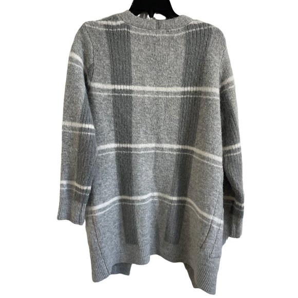 Loft Women's X-Small Grey White Stripe Fuzzy Open Front Cardigan Oversized - Picture 2 of 7